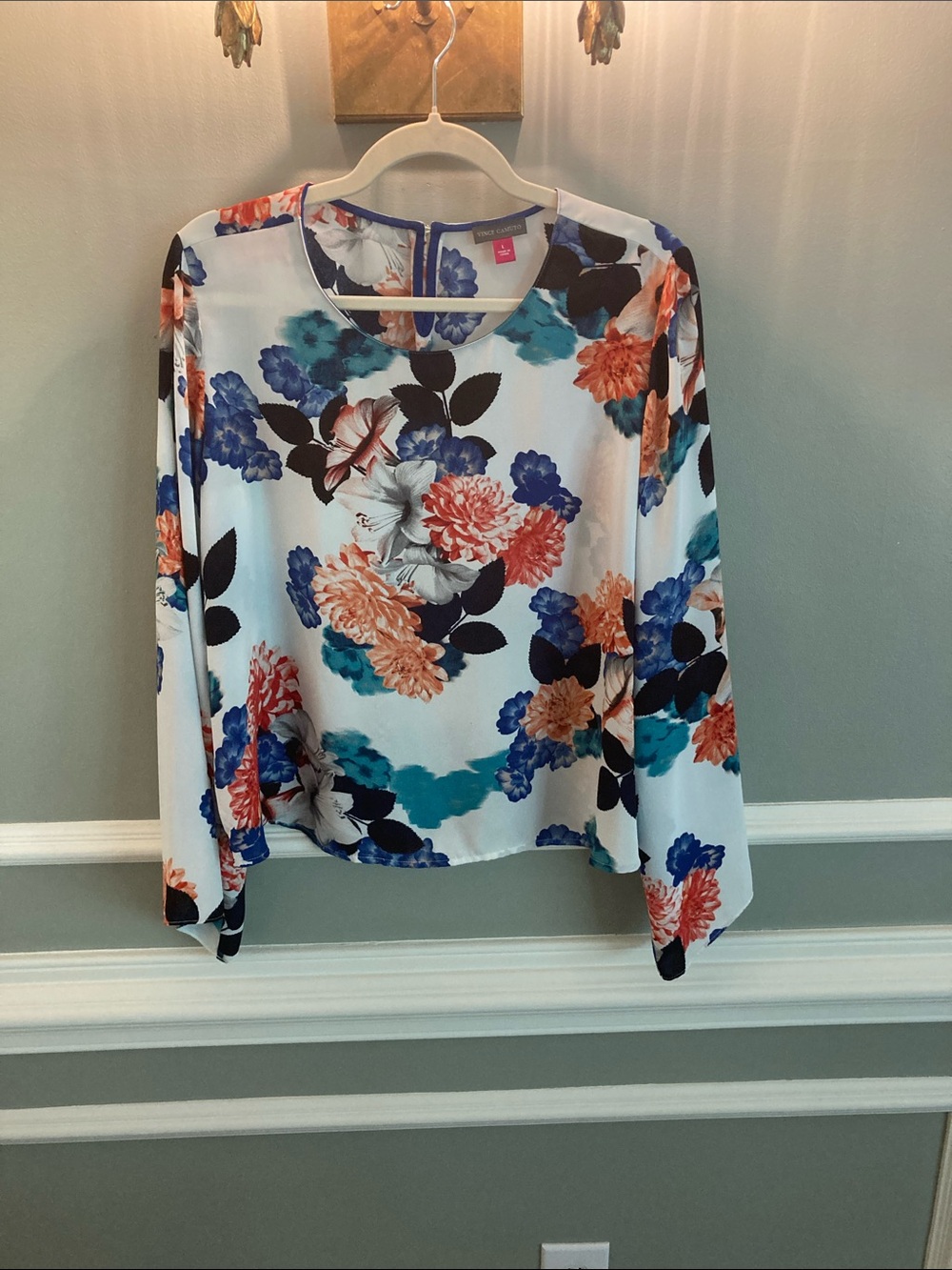 Vince Camuto White Floral Blouse with Blue and Coral Flowers